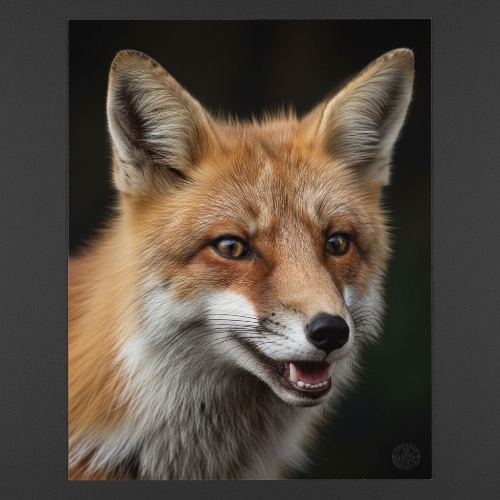 A close-up of a tame fox’s face, its mouth slightly open as if mid-vocalisation, its eyes lacking the yellow intensity o