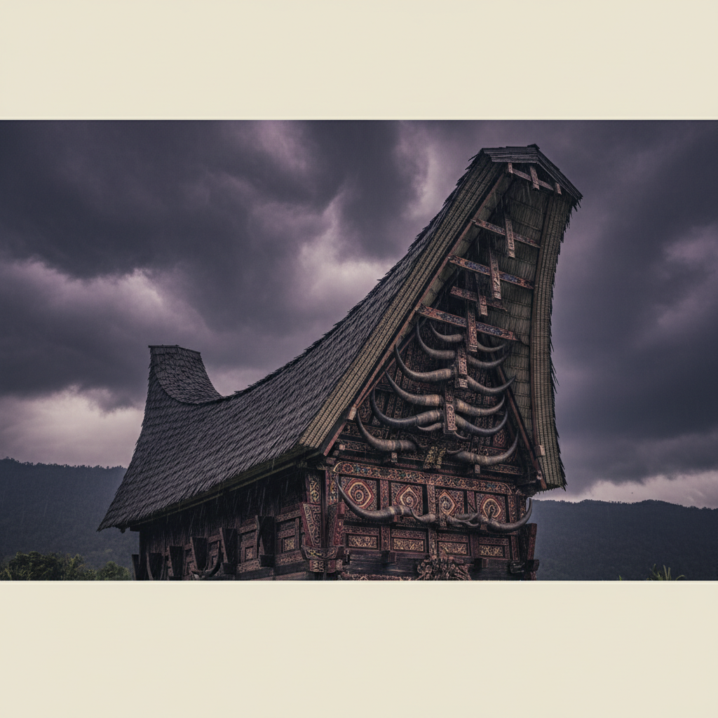 A traditional Tongkonan house with a massive, boat-shaped roof curved against a stormy purple sky, its facade decorated 