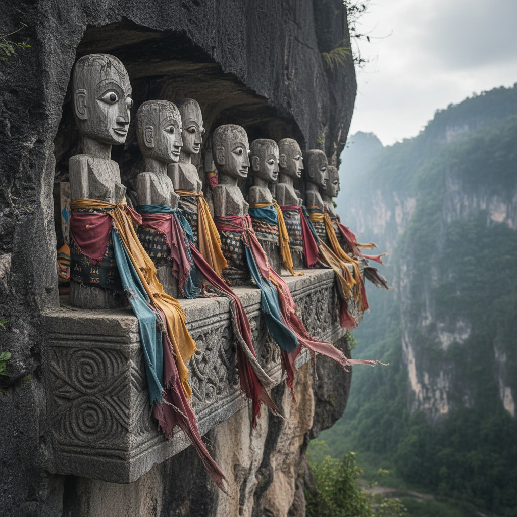 A row of carved wooden Tau-tau effigies standing on a balcony carved into a grey limestone cliff, their painted eyes wid