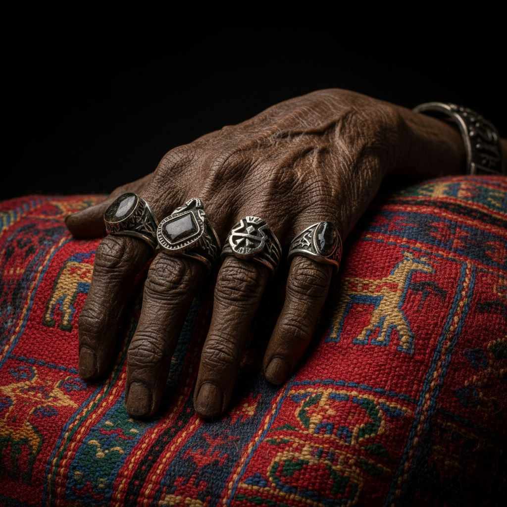 A close-up of a weathered hand resting on a piece of vibrant hand-woven textile, the fingers adorned with a heavy silver