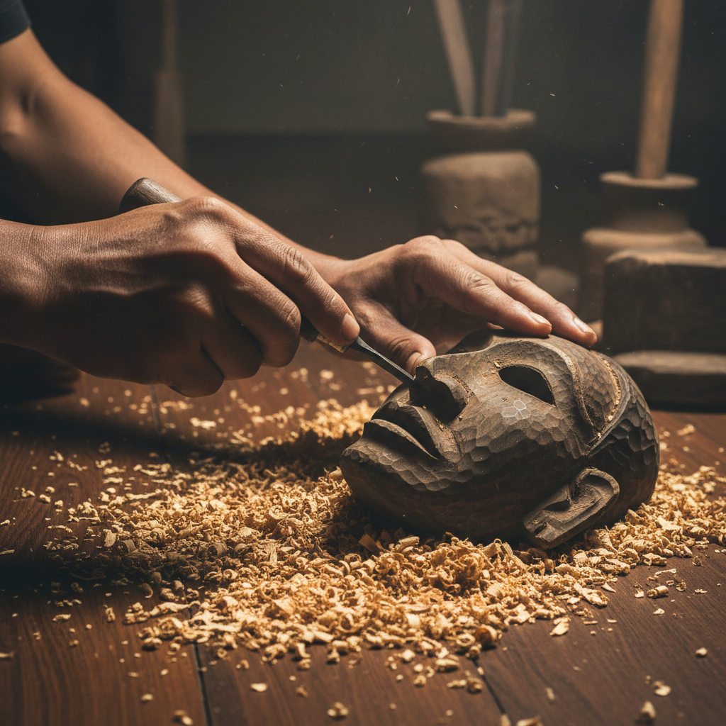 Close-up of a carver’s hands using a small chisel to shape the wooden face of a Tau-tau, the floor covered in golden woo
