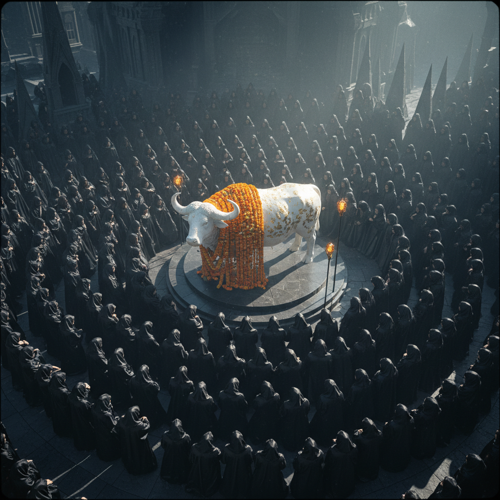 A high-angle shot of a funeral plaza filled with hundreds of people dressed in black silk, centered around a bright whit