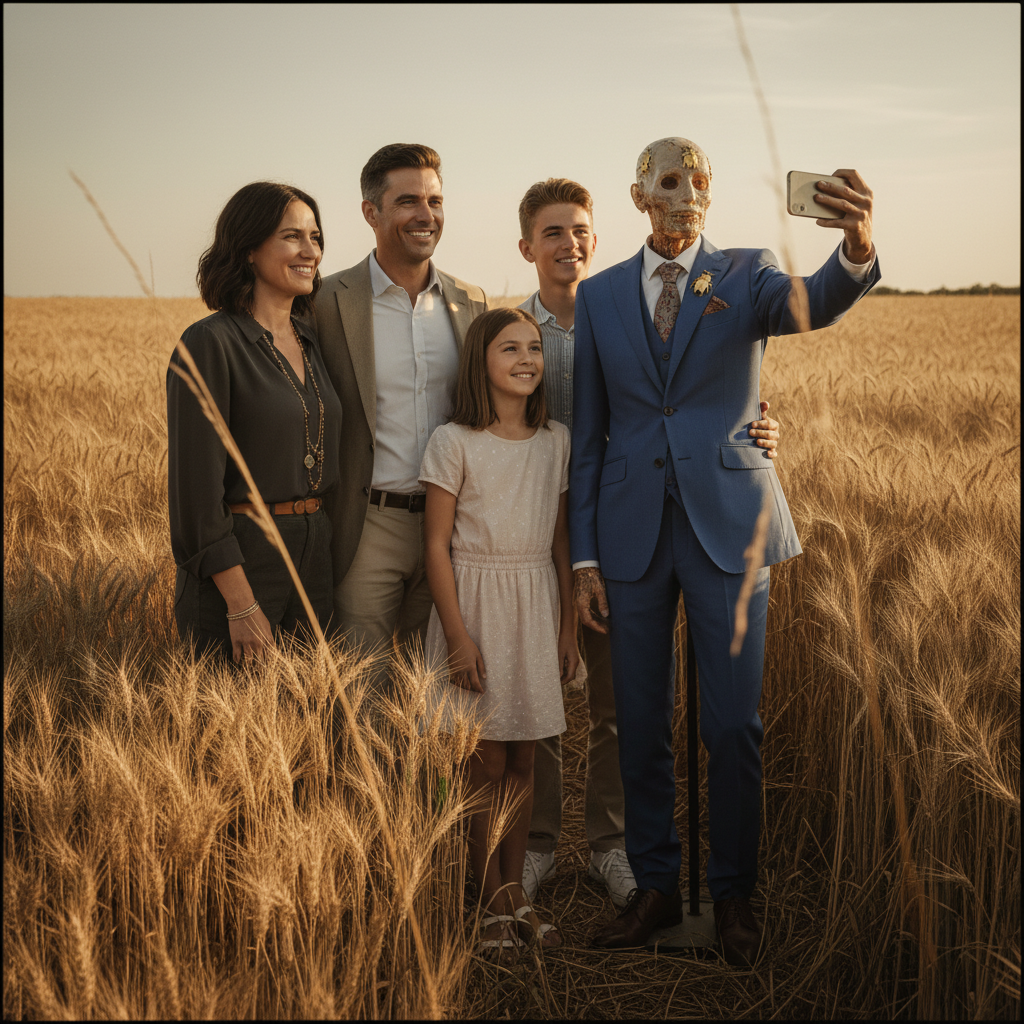 A sun-drenched field where a family in modern clothing stands proudly next to a mummified elder in a bright new suit, a 