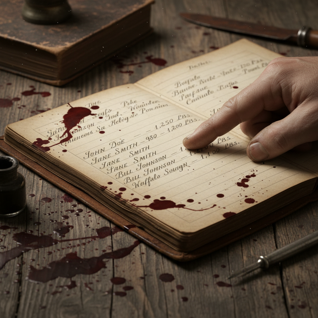 A detailed shot of a hand-written ledger resting on a blood-stained wooden table, a man’s weathered finger pointing to a