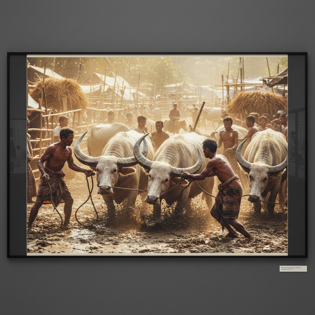 A chaotic, sun-drenched livestock market where men in sarongs lead massive, pale buffalo through thick mud, their horns 