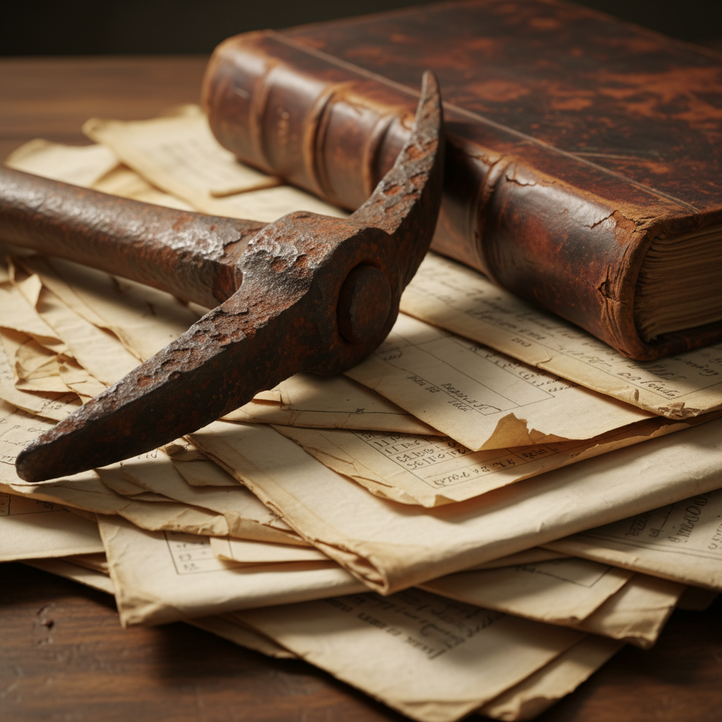 A close-up of an old, rusted iron pickaxe resting on a pile of sun-bleached documents and leather-bound ledgers, the met