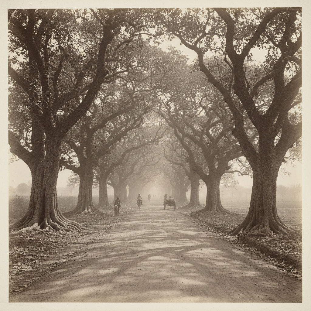 A sepia-toned photograph of a winding, dusty road in 19th-century India, lined with ancient banyan trees and heavy shado