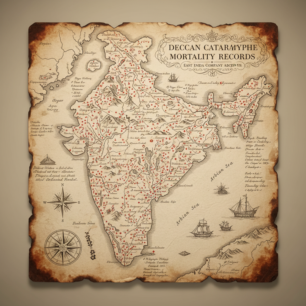 A dense, hand-drawn map of the Deccan plateau, cluttered with red ink marks and meticulous notations in Victorian cursiv