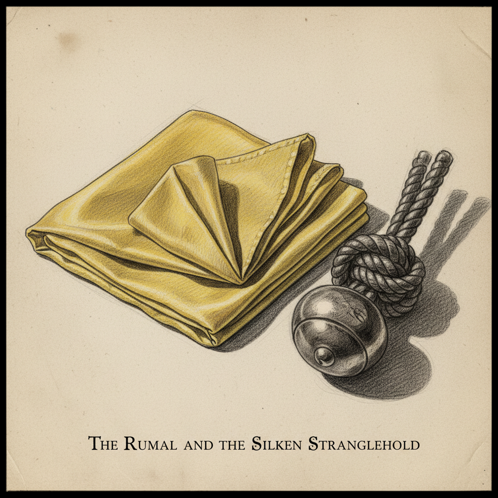 An intricate sketch of a yellow silk handkerchief, the rumal, folded precisely next to a heavy, silver-weighted knot, it