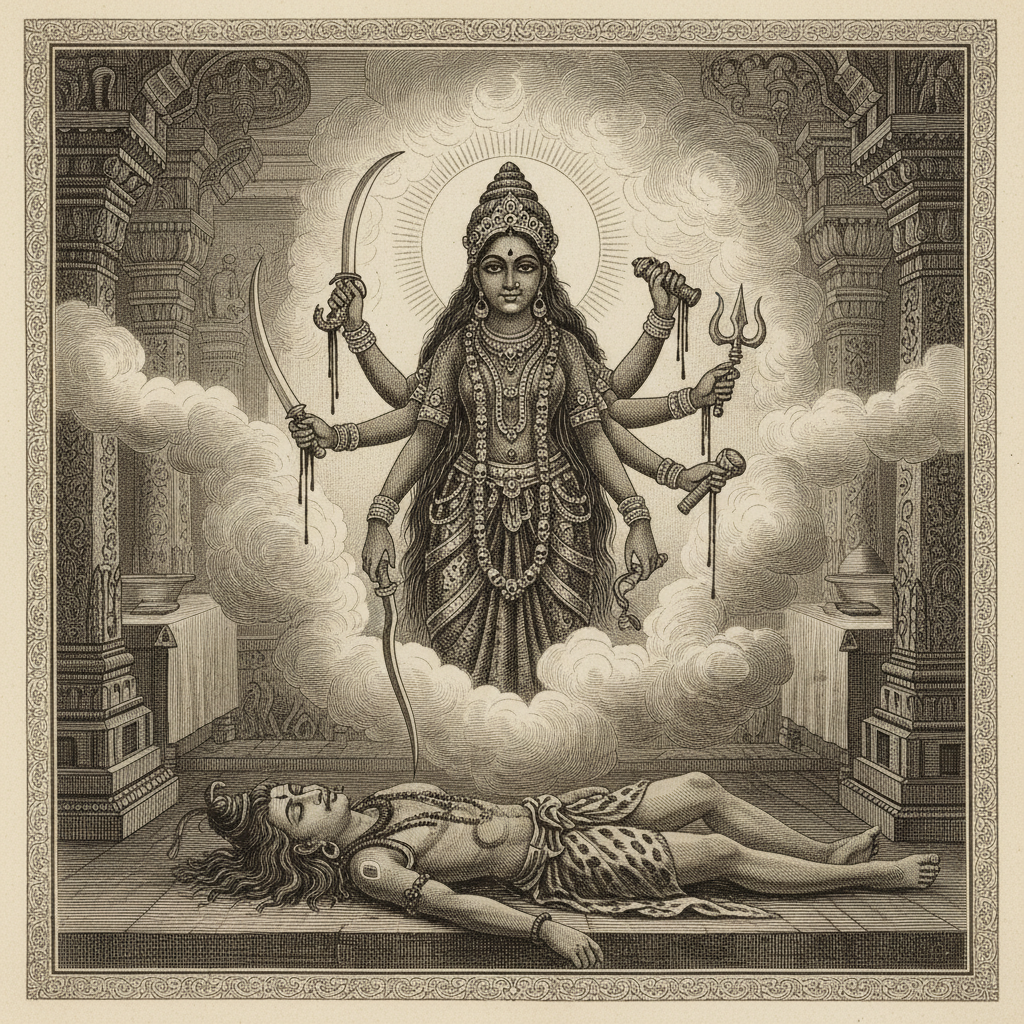 A 19th-century engraving of the goddess Kali, her multiple arms wielding blood-stained weapons, standing over a fallen f