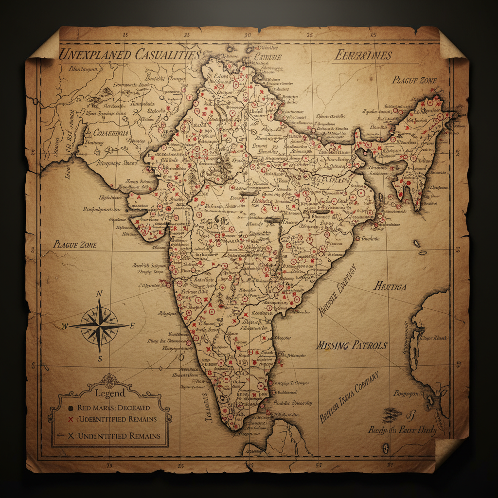 A dense, hand-drawn map of the Deccan plateau, cluttered with red ink marks and meticulous notations in Victorian cursiv