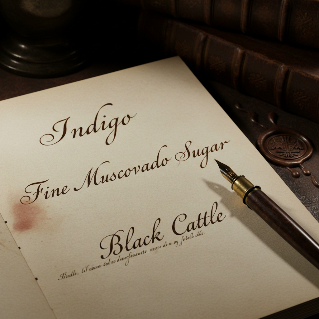 A close-up of an 18th-century merchant’s ledger, the page crisp and ivory, with elegant calligraphy listing names of com