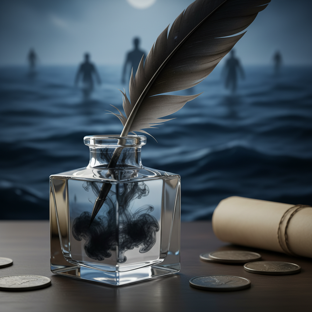 A quill pen dipping into a crystal inkwell, with the ink spreading like a dark cloud through the clear water, mirroring 