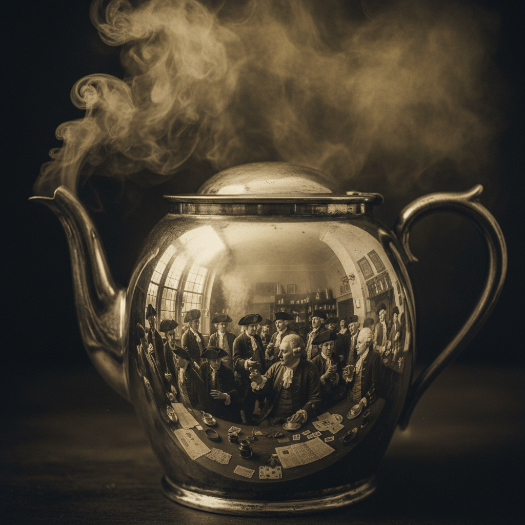 A silver coffee pot reflecting the interior of a crowded 18th-century London coffee house, the steam rising in curls ami