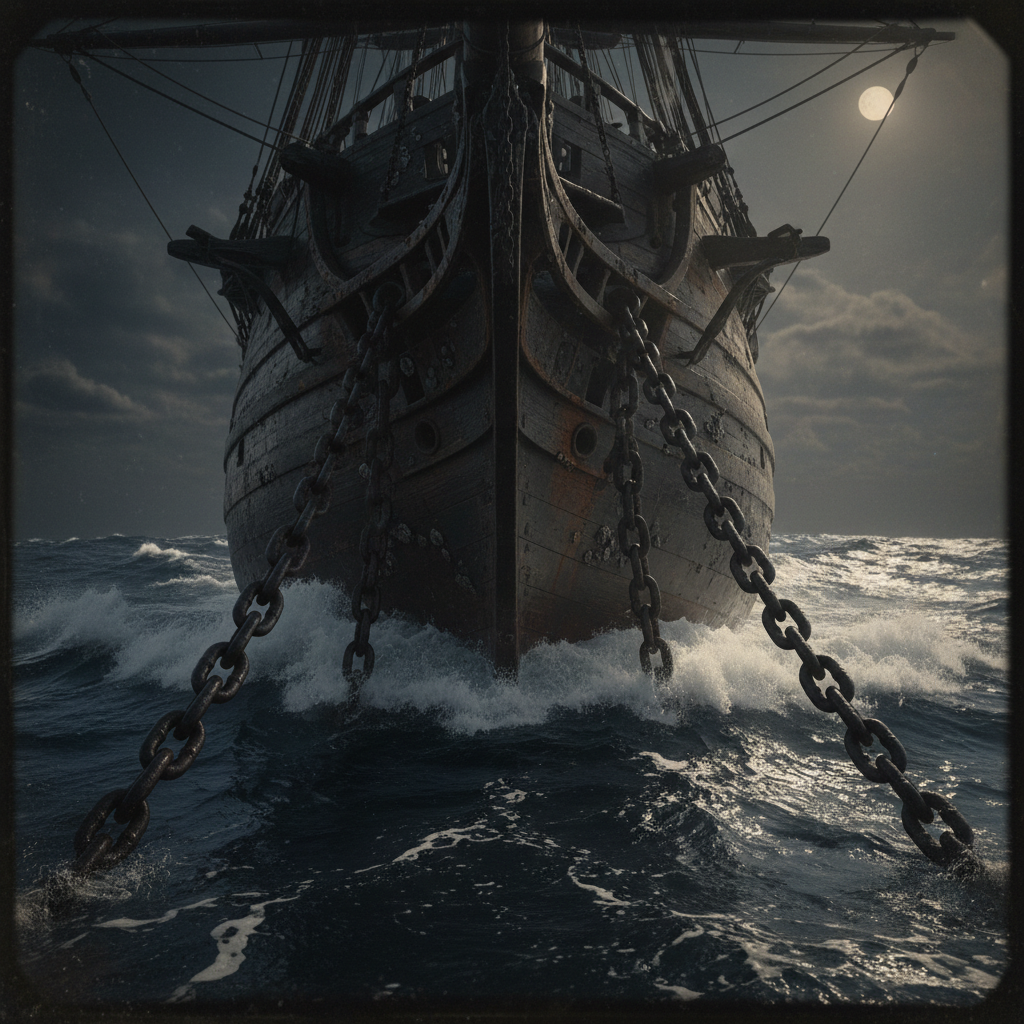 A dramatic, low-angle shot of a ship’s wooden hull slicing through dark, turbulent water, with heavy iron chains trailin