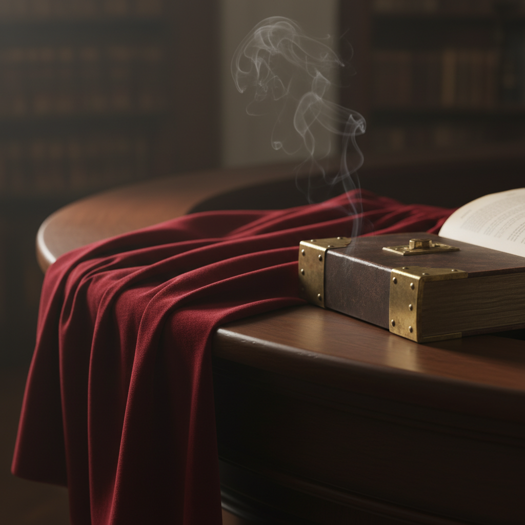 A detail of a judge’s velvet robe, the deep crimson fabric catching the light, draped over the edge of a mahogany bench 