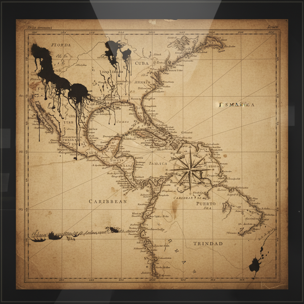 An 18th-century nautical map showing the West Indies, but the ink from the handwritten coordinates has begun to bleed an