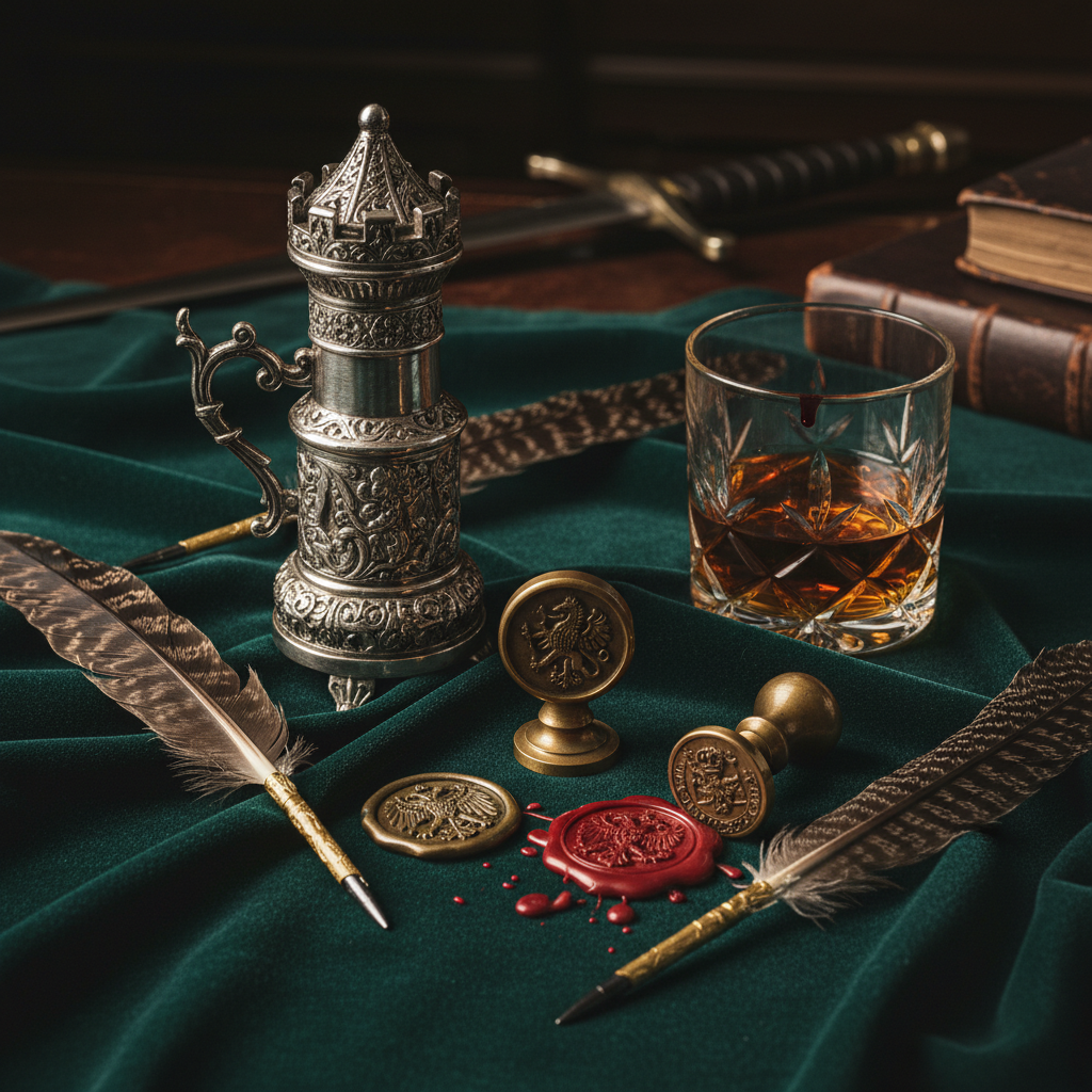 A tall, ornate silver inkwell sitting on a green velvet tablecloth, surrounded by scattered quill pens, official seals, 