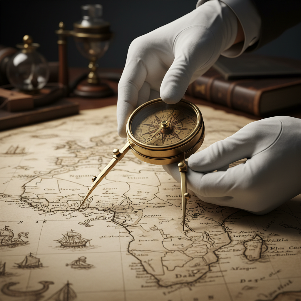 Close-up of a pair of white-gloved hands holding a heavy brass compass over a large, hand-drawn map of the African conti