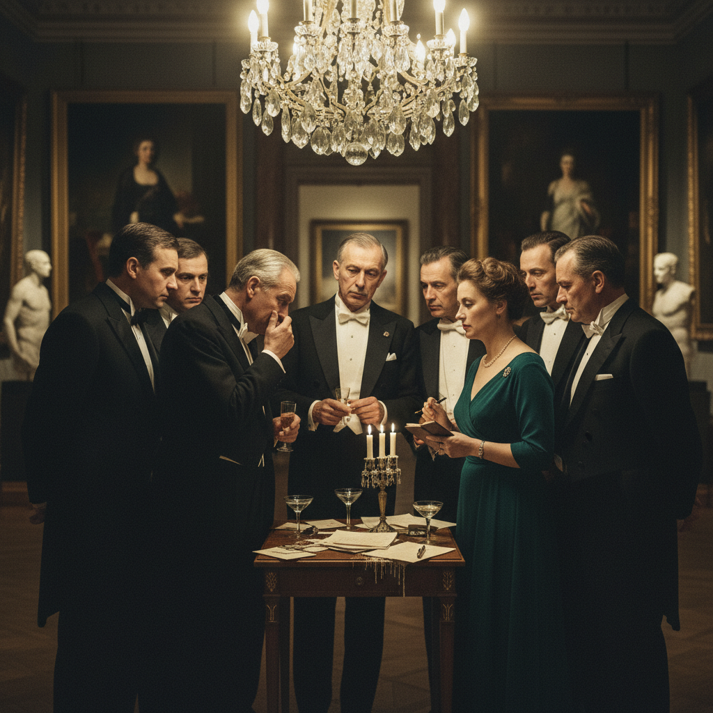 A group of European diplomats in formal evening wear, huddled around a side table, their faces illuminated by the yellow