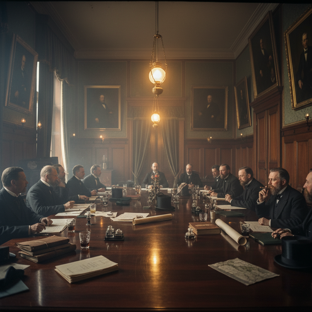 A wide-angle shot of a dimly lit, wood-paneled conference room in 19th-century Berlin, heavy with cigar smoke and the gl