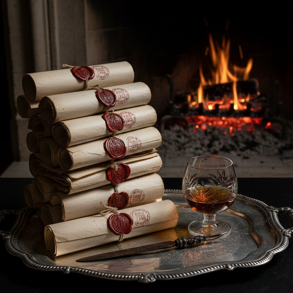 A final close-up of a single drop of red wax falling onto a document, captured in mid-air against a backdrop of dark mah