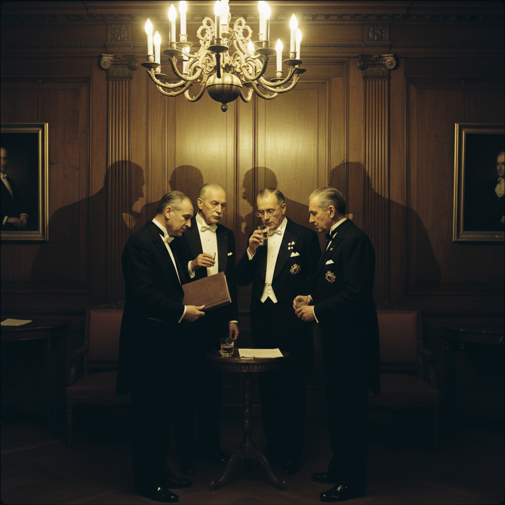 A stack of official documents with heavy red wax seals, resting on a silver tray next to a half-empty glass of cognac, t