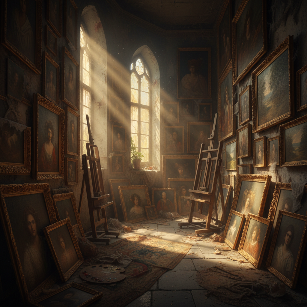 A dusty, sunlight-streaked interior of a castle room where hundreds of unframed canvases are leaned against the walls in