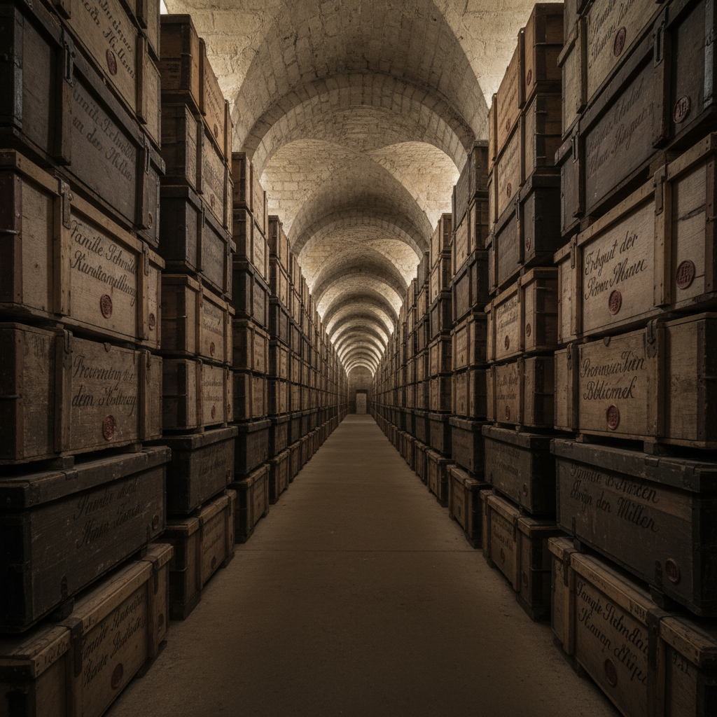 A long row of wooden crates labeled with meticulous German script, stacked high inside a cavernous stone warehouse, each