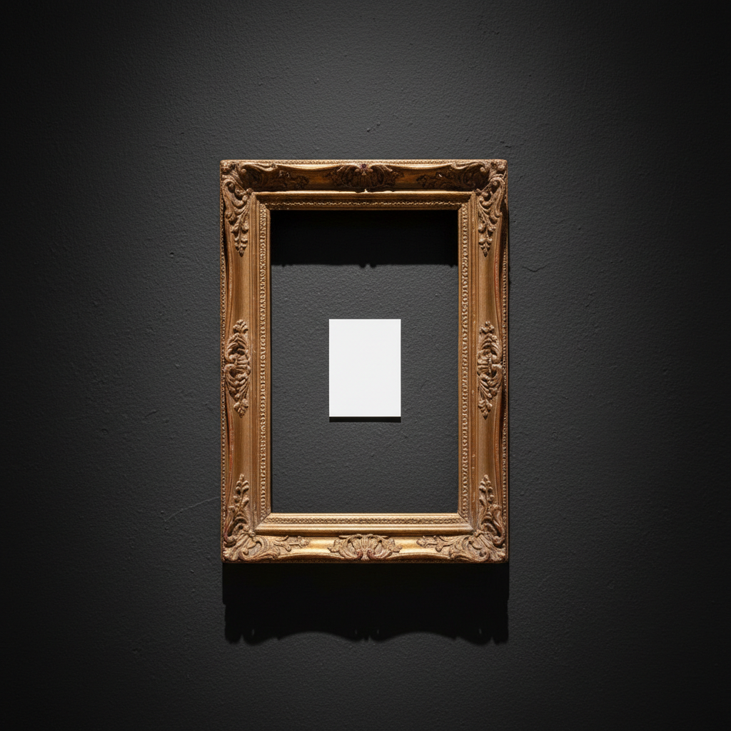 A single, empty ornate gold frame hanging on a dark museum wall, a small white card placed where the painting should be,