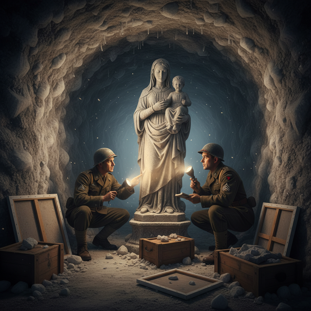 Allied soldiers, known as Monuments Men, examining a statue of the Madonna and Child in a dimly lit, salt-encrusted tunn