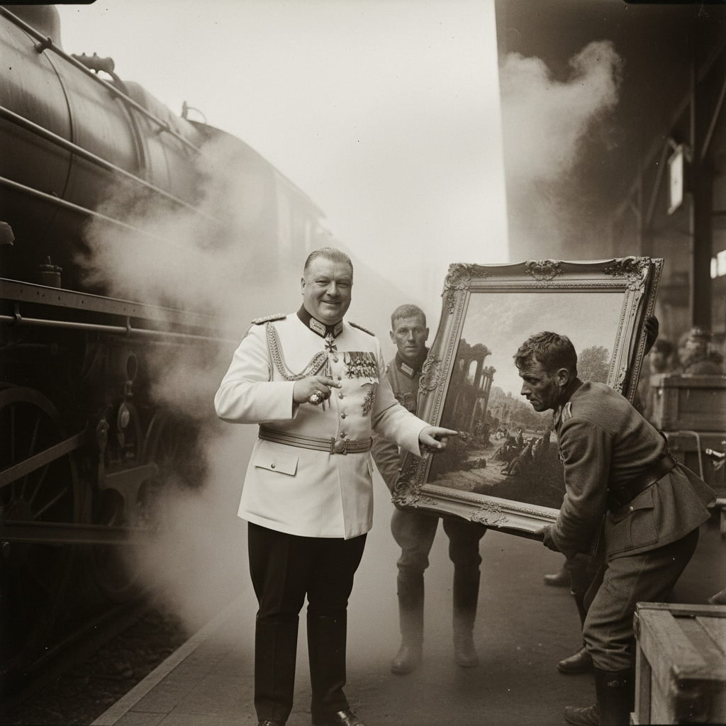 Hermann Göring, portly and smiling, gesturing with a thick, ring-adorned finger toward a painting held by two weary sold