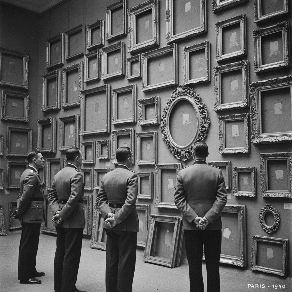 A black-and-white photograph of Nazi officers standing before a wall of stacked, ornate picture frames in a Parisian gal