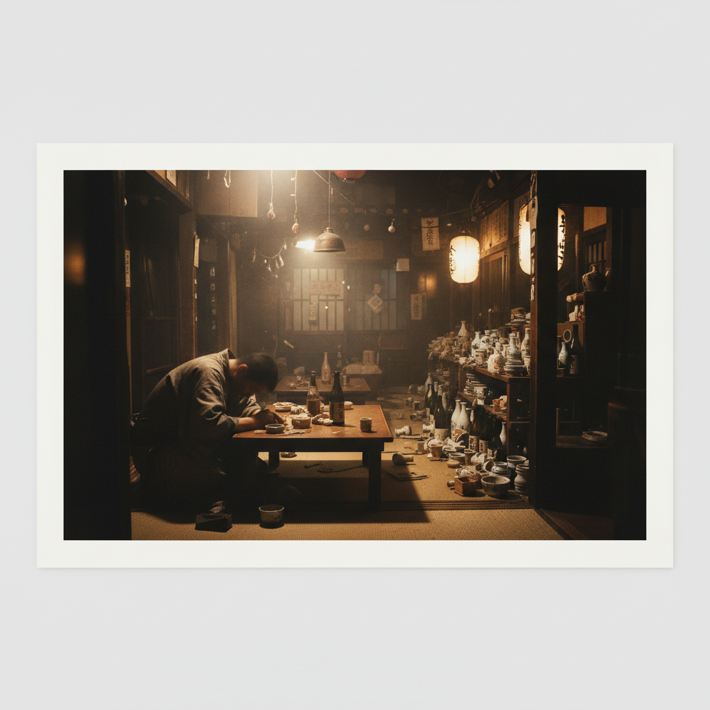 A dimly lit Kyoto tavern at night, overflowing with discarded sake jars and the blurred motion of a man slumped over a l