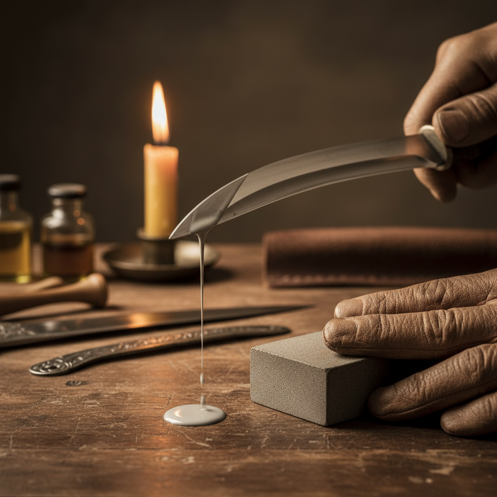 A close-up of a whetstone being used on a curved steel blade, a thin trail of gray slurry dripping off the edge under a 
