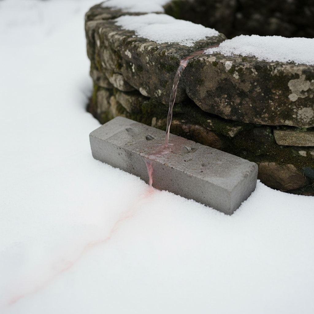 A close-up of a whetstone resting beside a well, a thin trail of pink-tinged water running over the rough gray stone and