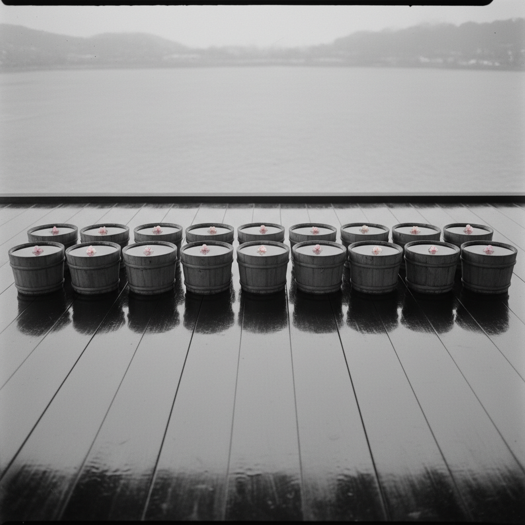 A row of forty-seven identical wooden buckets filled with water, lined up on a polished veranda, each reflecting a singl