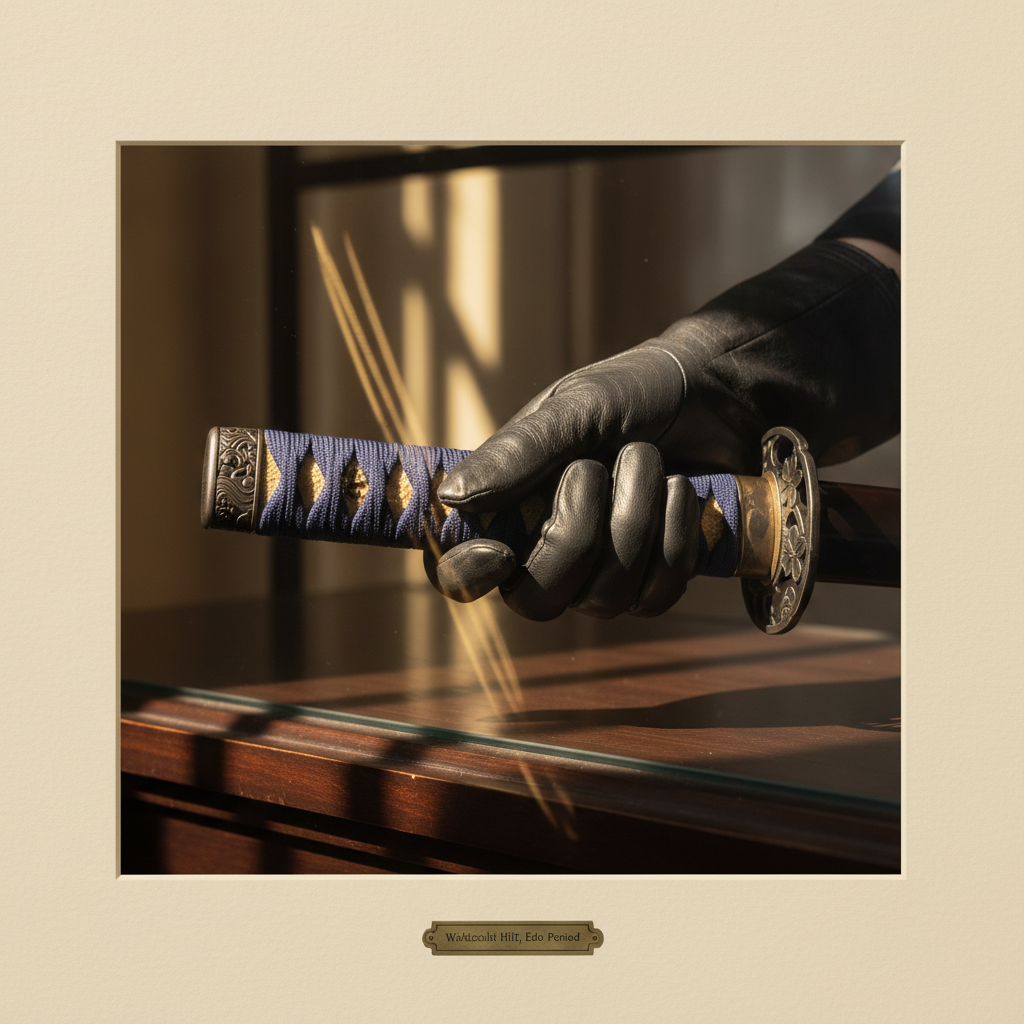 A close-up of a hand gripping the hilt of a Japanese short sword, the sunlight catching the intricate silk wrap of the h
