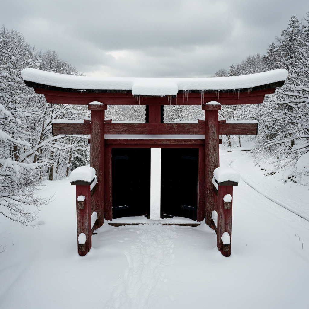 A high-angle shot of a traditional Japanese gate under a thick blanket of snow, the heavy wooden doors slightly ajar to 