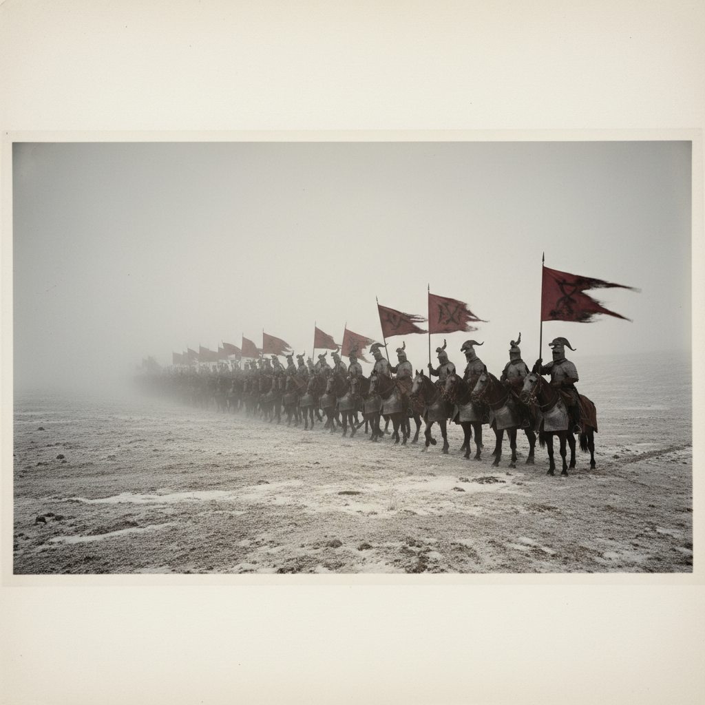 A panoramic view of the rebel army's approach, with long columns of iron-clad cavalry emerging from a winter mist, their