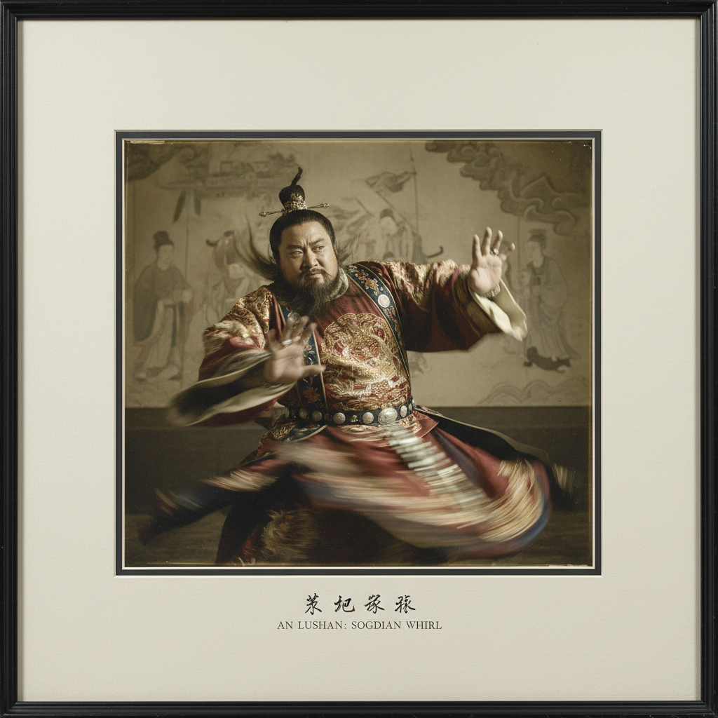 A close-up of An Lushan performing the Sogdian Whirl, his massive frame a blur of motion, his eyes predatory as he glanc