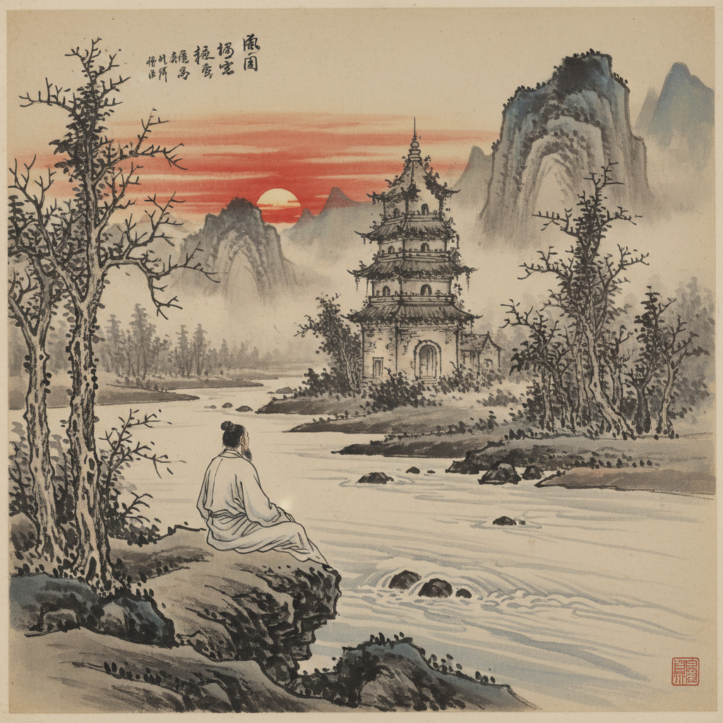 An ink-wash painting style depiction of a lonely scholar sitting by a river, his back to the viewer, looking at a distan