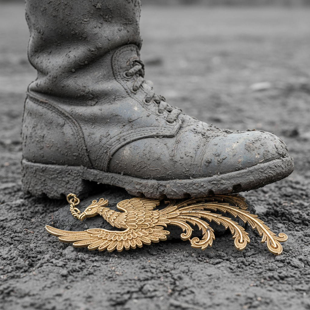 A close-up of a soldier’s mud-caked iron boot pressing down on a discarded, mud-stained piece of gold filigree jewelry s