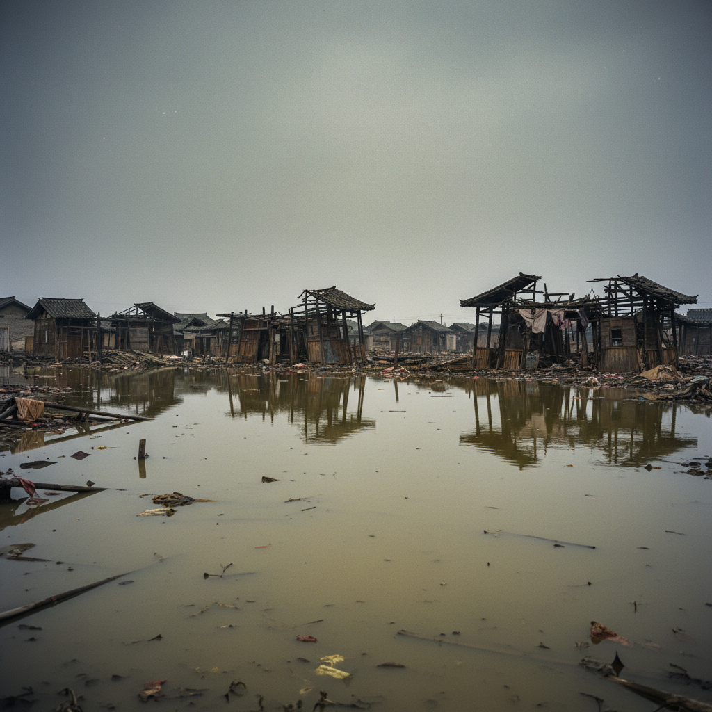 A panoramic view of a ruined village in the North China Plain, the scorched wooden beams of houses reflecting in stagnan