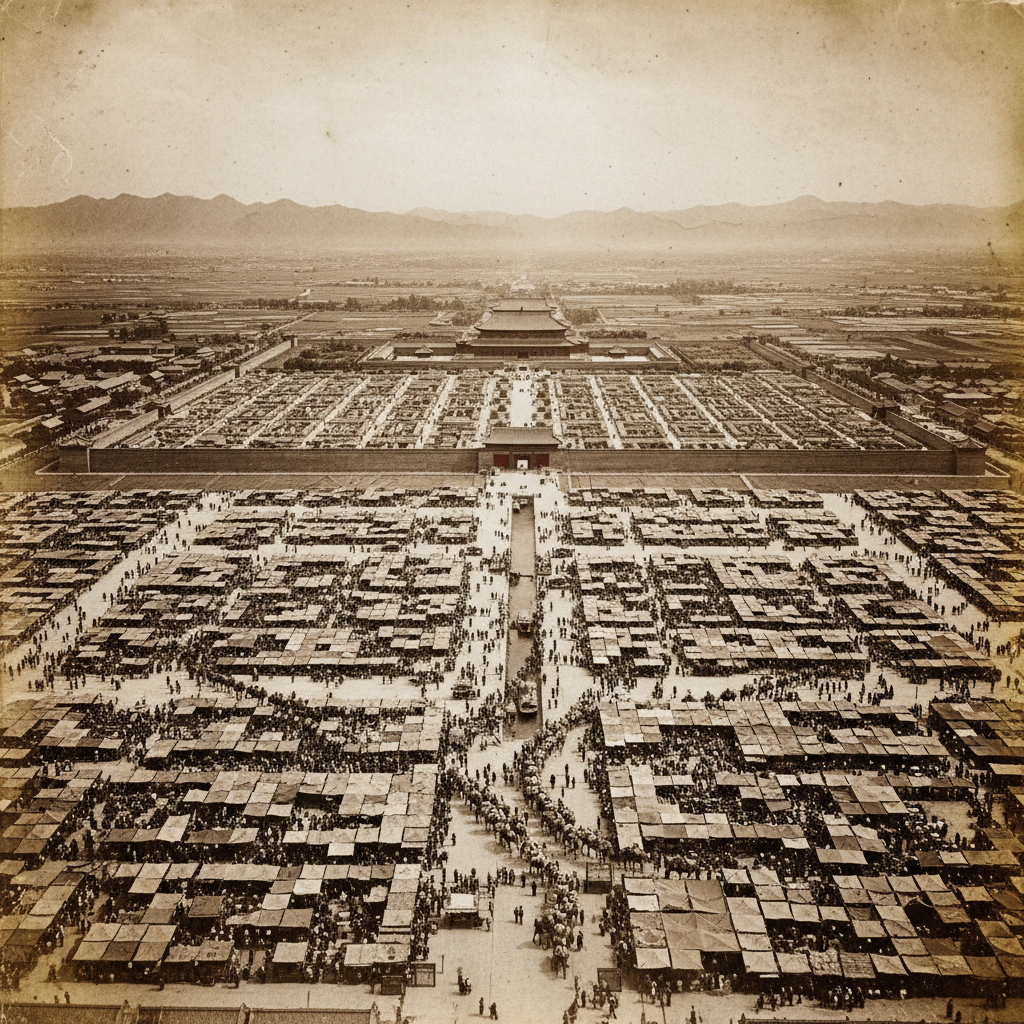 A sprawling, aerial view of 8th-century Chang'an, showing the rigid grid of the city, the red-walled imperial palace at 