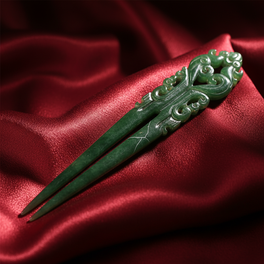A close-up of a jade hairpin resting on a blood-red silk cushion, the light catching a hairline fracture in the stone.