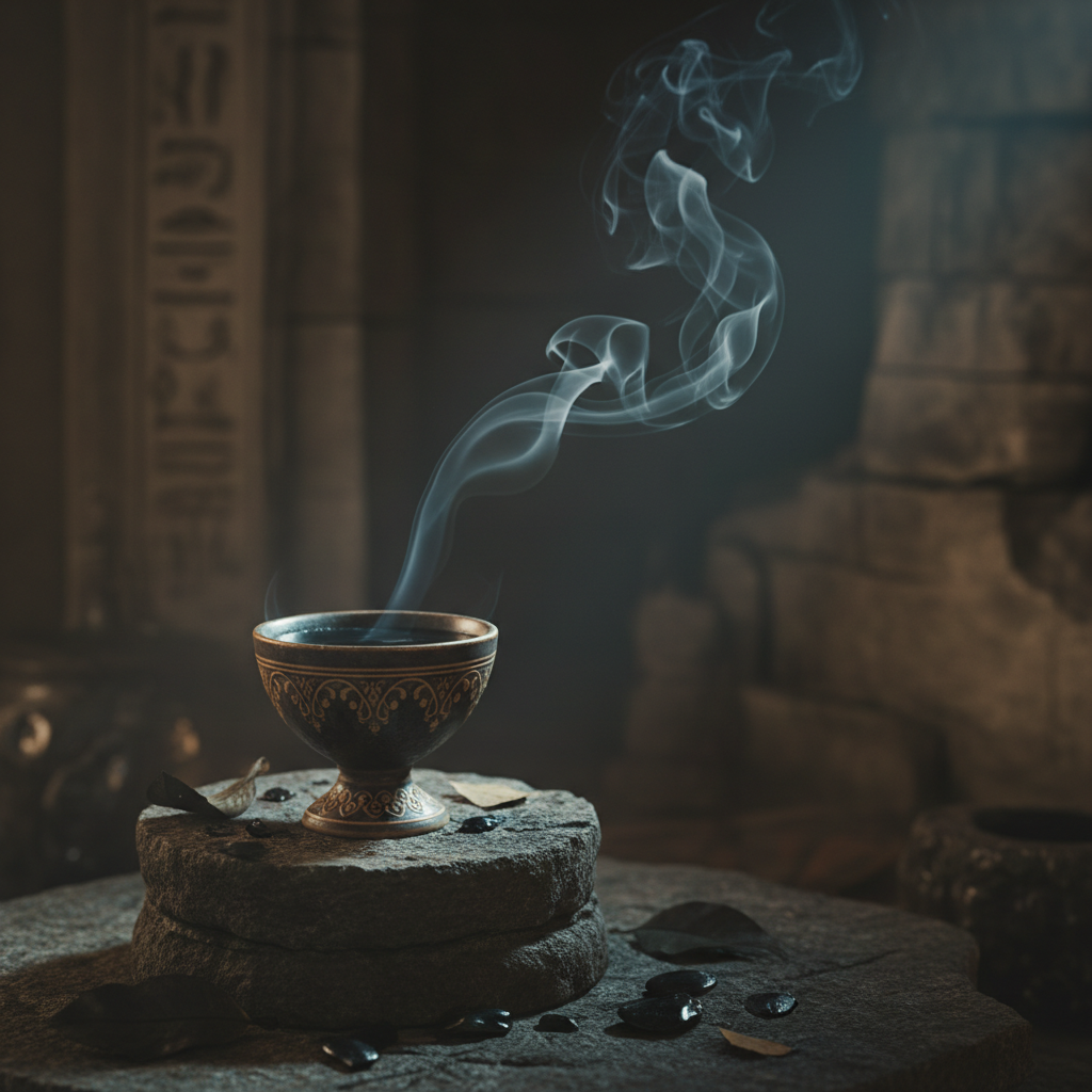 A small, ornate ceramic bowl filled with a dark, steaming liquid, the vapor rising in a thin, haunting spiral.