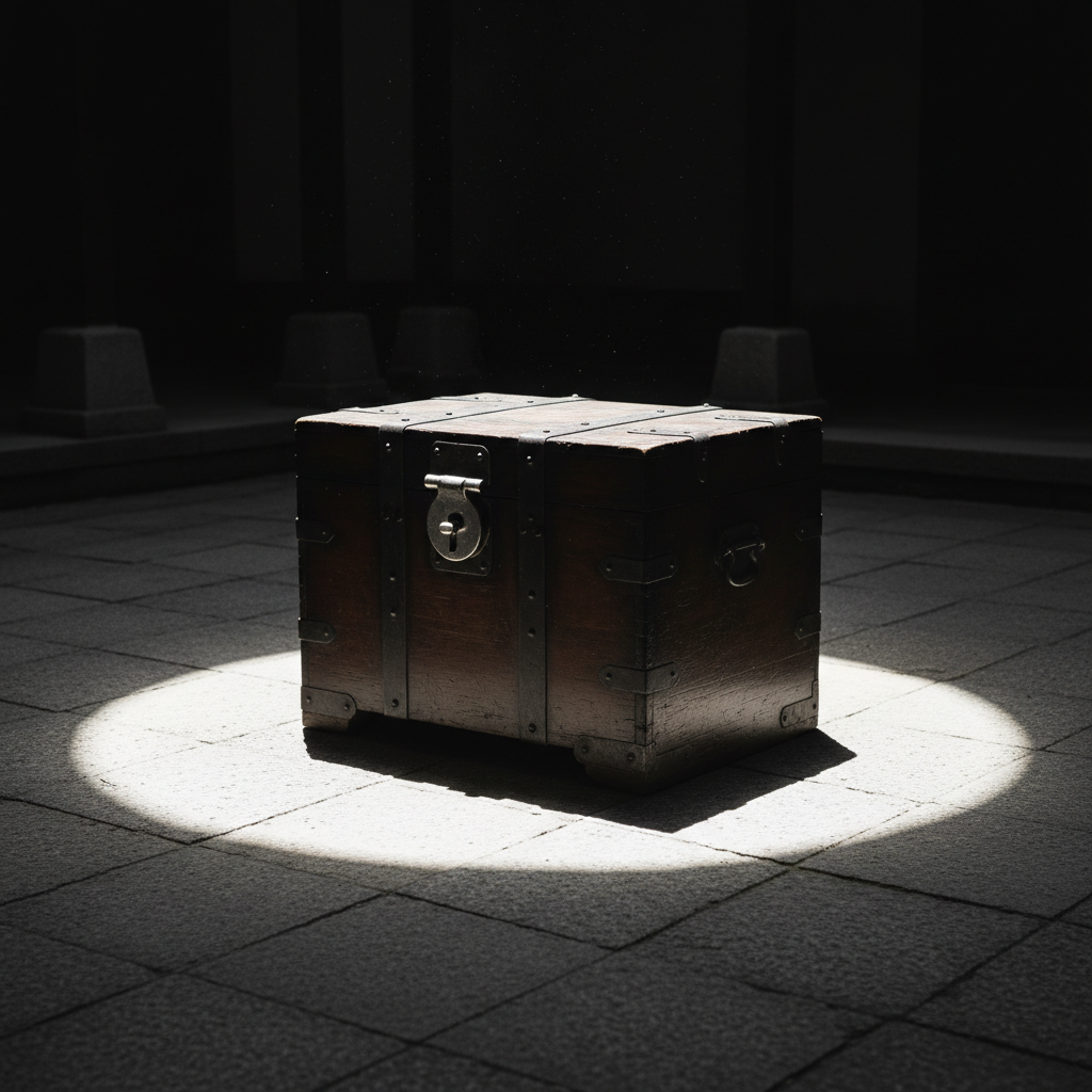 A low-angle shot of a heavy wooden rice chest sitting in a pool of harsh, white sunlight on a gray stone courtyard, its 