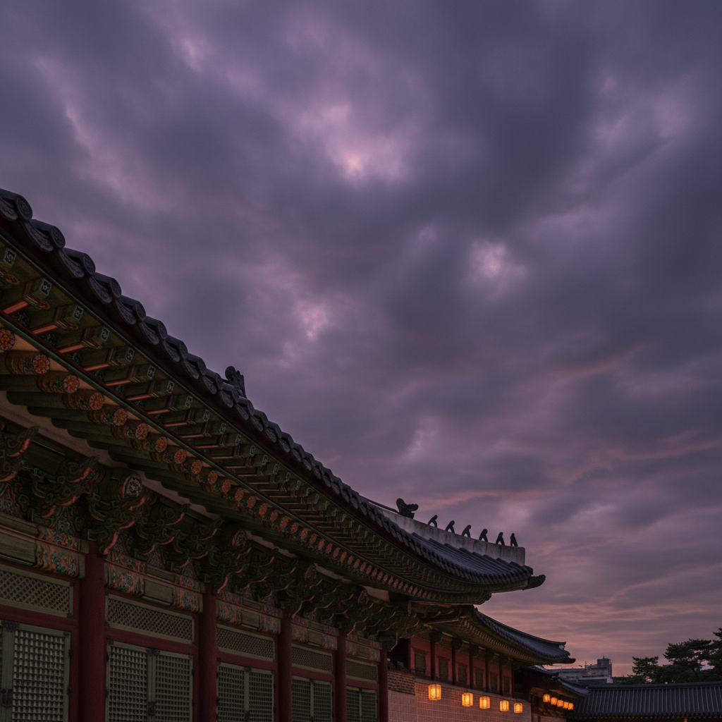 A wide shot of the Gyeongbokgung Palace eaves against a bruised, purple twilight sky, looking jagged and sharp against t