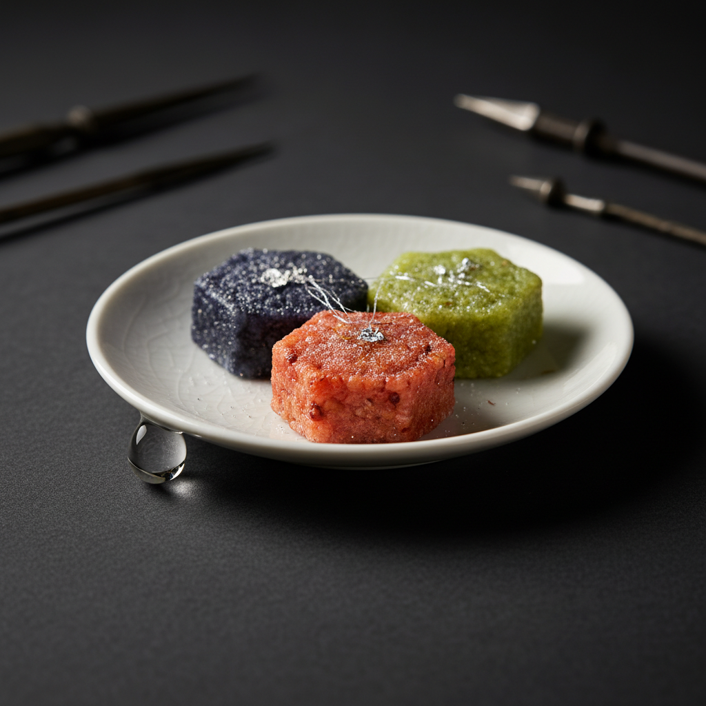 A close-up of a small, white porcelain plate holding three colorful, hexagonal rice cakes, a single drop of clear liquid